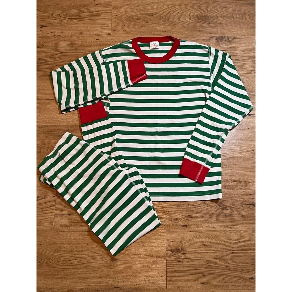 Hanna Andersson Pajama Set Women L Green White Stripe Holiday Organic Cotton PJs